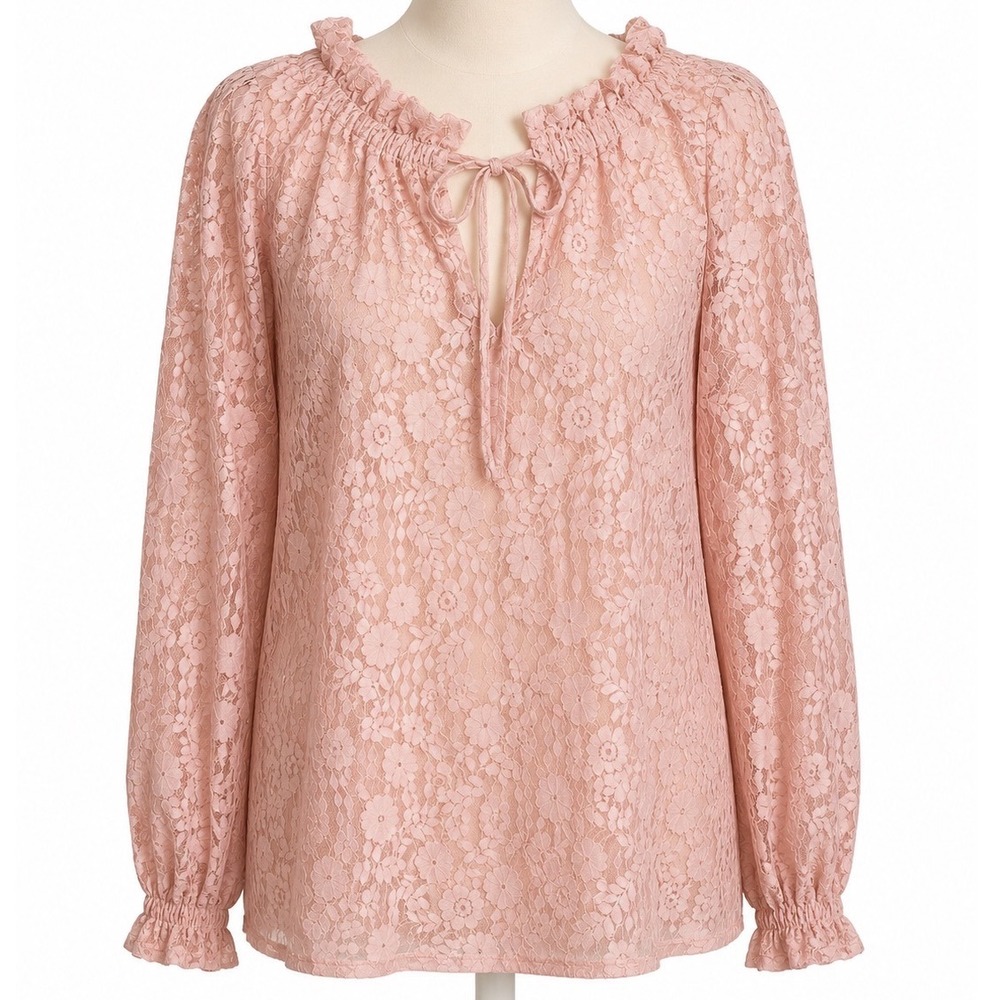 Peach Pink Floral Lace V-Neck Blouse with Ruffle Neck and Smocked Cuffs